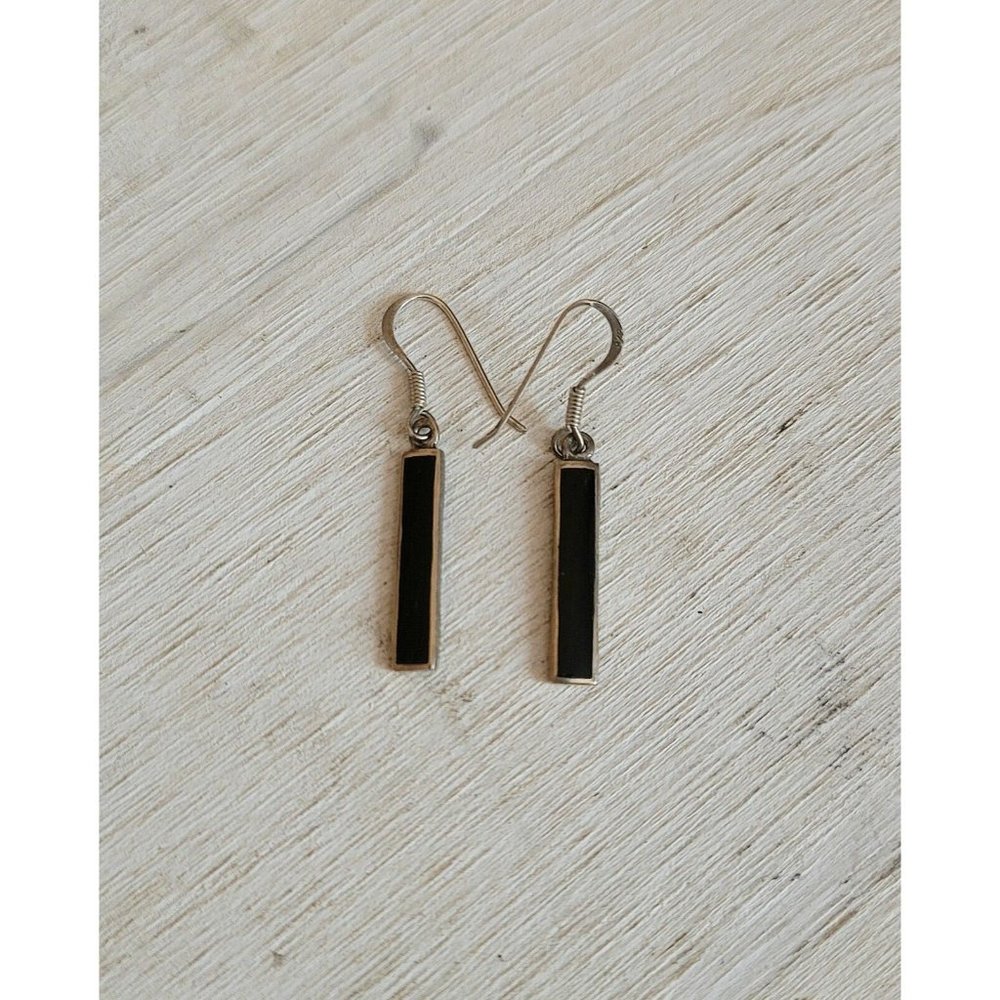 Sterling 925 Vintage Earrings Costume Jewelry Handmade Black Shard B64